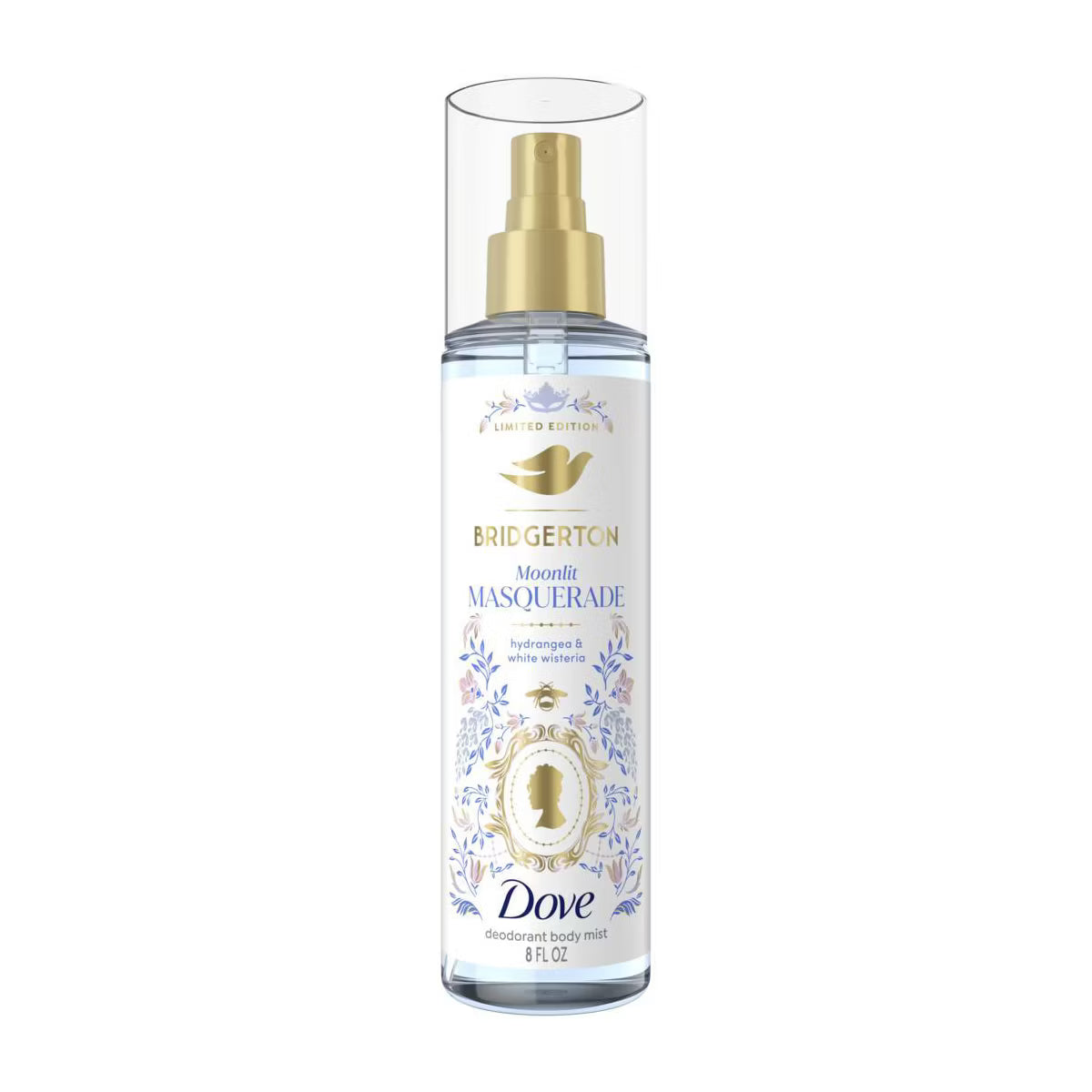 PREORDEN -Dove Beauty Limited Edition Bridgerton Body Mist - Moonlit Masquerade - Hydrangea & White Wisteria Scent - 8oz- 2 A 4 SEMANAS EN LLEGAR