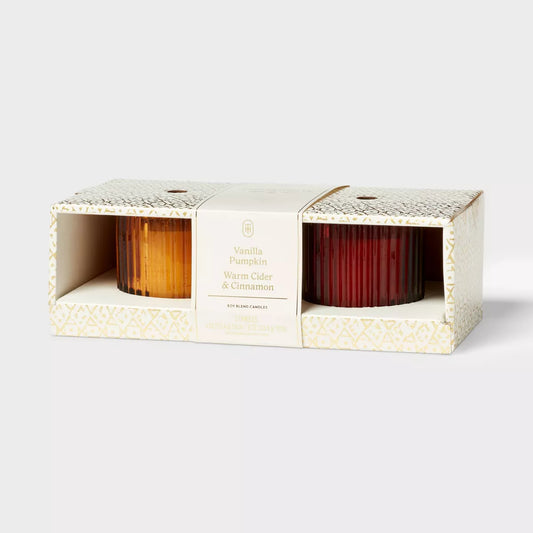PRE-ORDEN- 2pk Ribbed Glass Candle Giftset Vanilla Pumpkin and Warm Cider and Cinnamon TARDA DE 2-4 SEMANAS EN LLEGAR